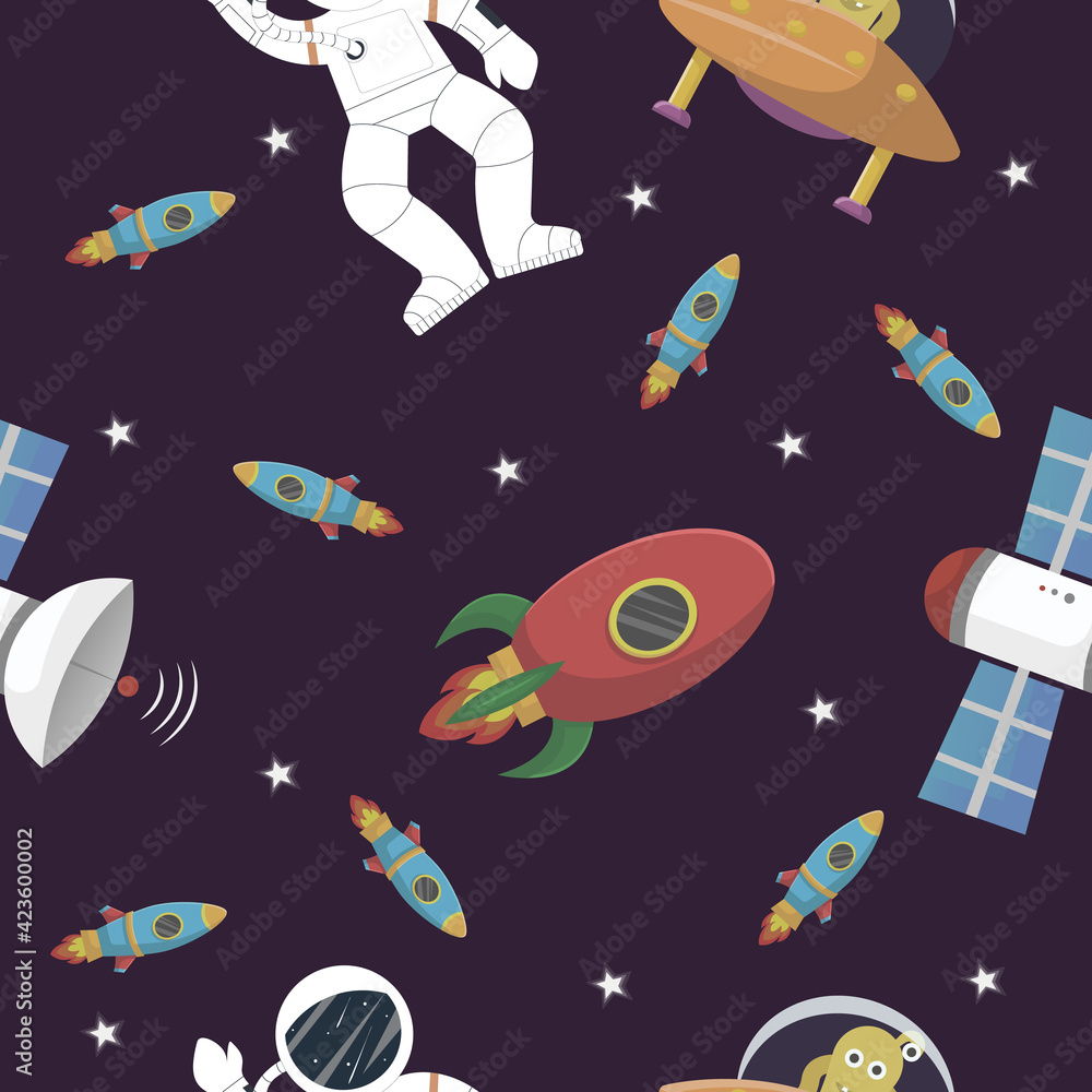 Space pattern with planets and stars. Astronaut Space pattern with planets and stars. Astronaut