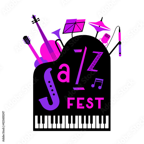 Jazz Fest neon color icon with Musical instruments