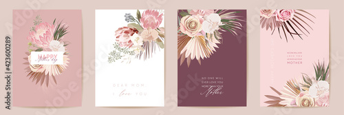 Happy Mothers day watercolor card set. Greeting mom minimal postcard design. Vector protea flowers