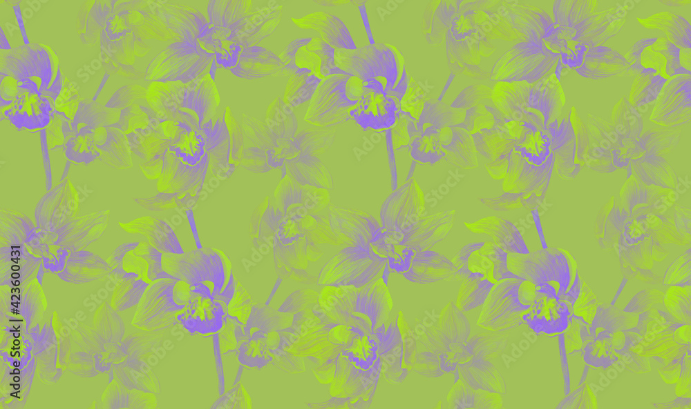 stylized floral seamless pattern with orchid flowers on purple and green background for textile and surface design