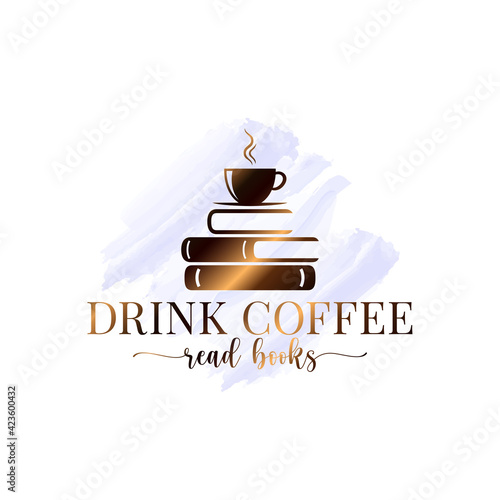 Coffee and books watercolor logo on white