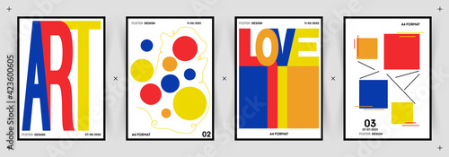 Typographic poster set with words "Art" and "Love" and retro hipster geometric elements. Blue, Yellow and Red colors. Constructivism and Bauhaus motive.