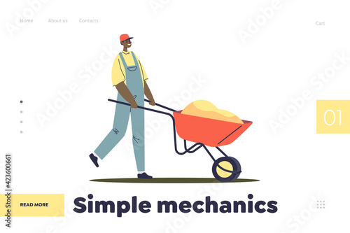 Simple mechanics concept of landing page with man worker pushing wheelbarrow