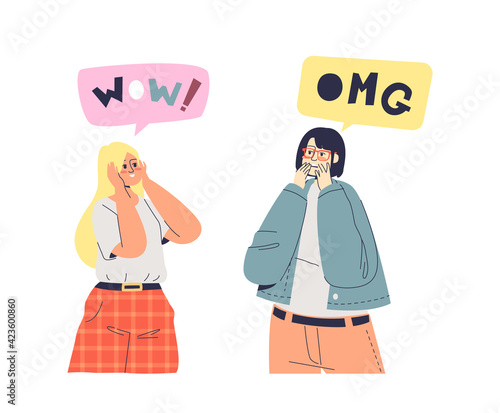 Excited young girls with shock wow and omg reaction. Amazed surprised cartoon female characters