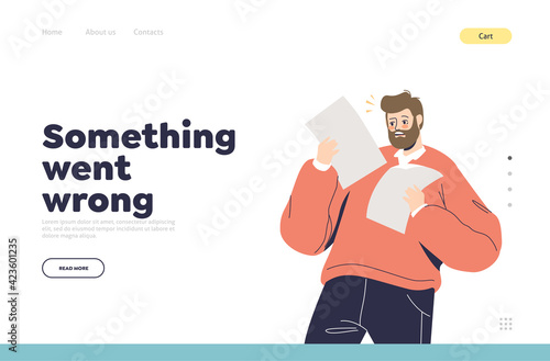 Negative shock emotion concept of landing page with shocked man reading paper document