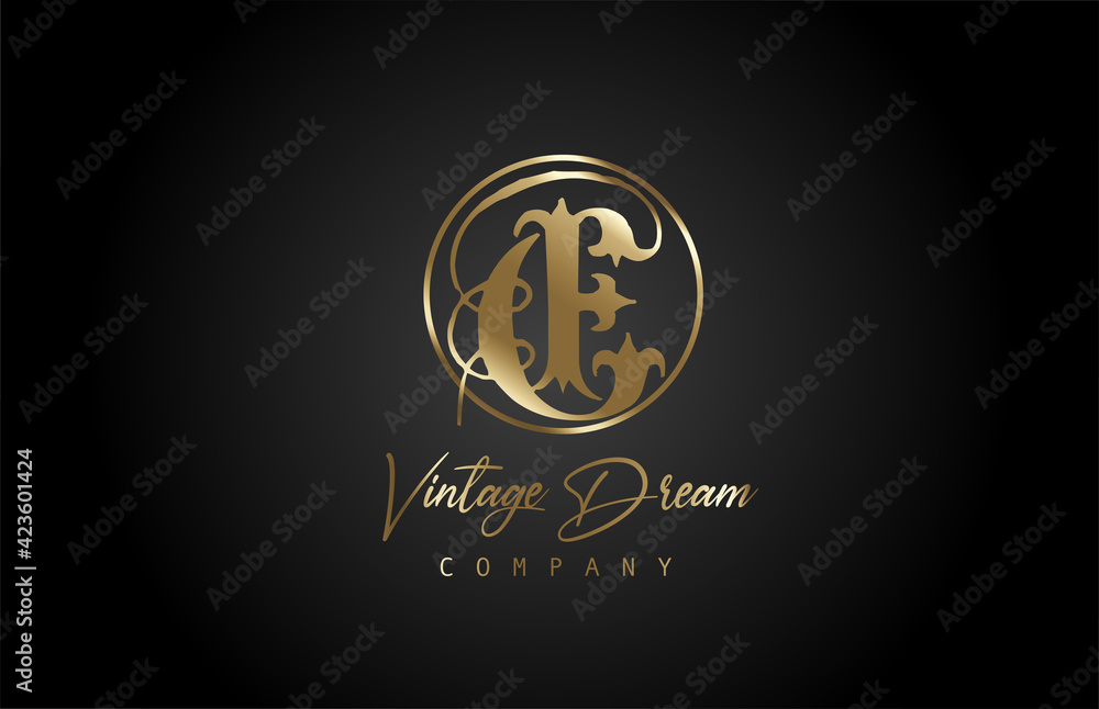 Fototapeta premium E gold golden alphabet letter icon logo. Vintage design concept for company and business. Corporate identity with black background and retro style