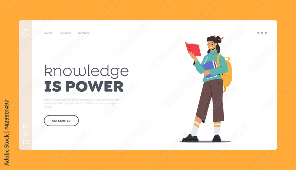 Knowledge is Power Landing Page Template. Young Woman Student with Backpack Holding Books Pile, Prepare to Exam