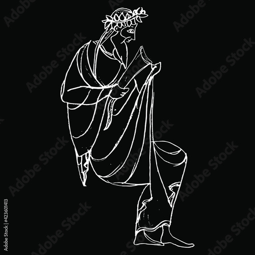 Sitting ancient Greek god Dionysus or Bacchus holding rhyton of wine. Hand drawn linear doodle rough sketch. White silhouette on black background.
