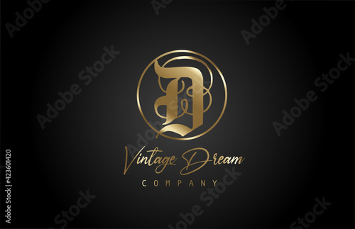 D gold golden alphabet letter icon logo. Vintage design concept for company and business. Corporate identity with black background and retro style