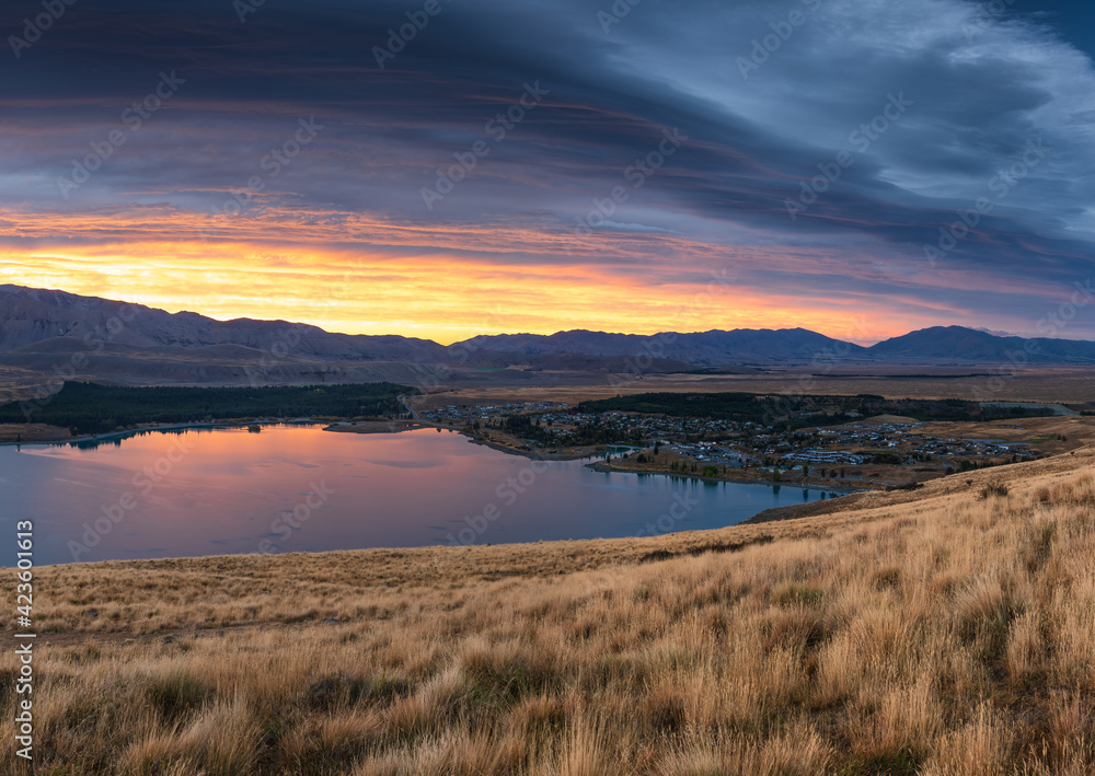 Sunrise over township of Lake Tekapo New Zealand
