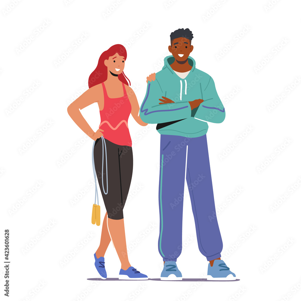 Happy Couple Male and Female Characters Wearing Sports Clothes and Sneakers Stand Together. Woman Holding Jump Rope
