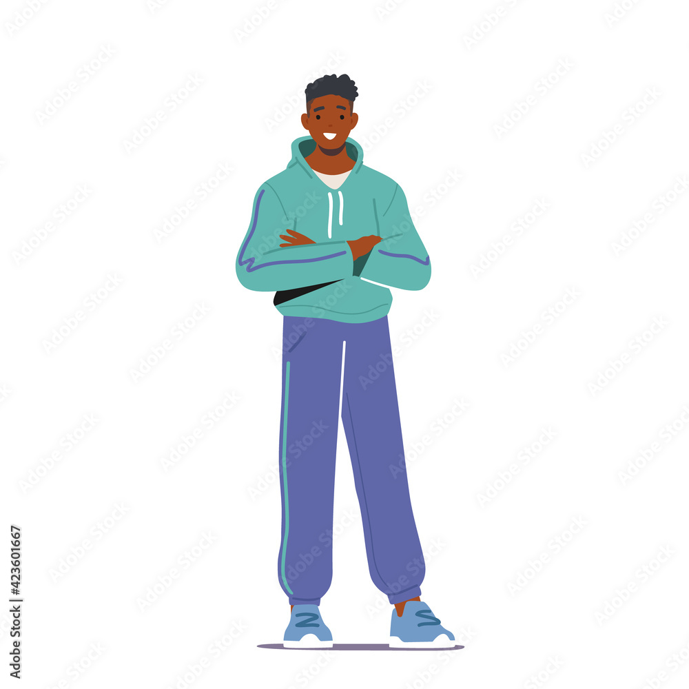 Young Black Man in Sportswear Visiting Gym. Sportsman Character Posing with Crossed Arms Isolated on White Background
