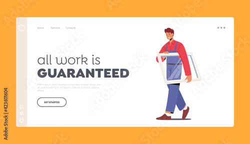 Home Renovation Landing Page Template. Worker in Overalls Carry Glass in Frame, Installing Plastic Window in Apartments