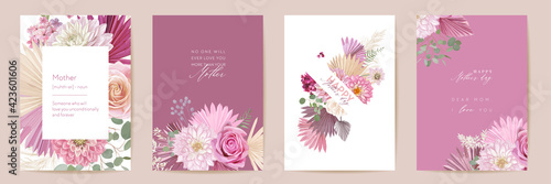 Mother day floral greeting card. Watercolor minimal postcard set. Vector rose, dahlia flowers, palm leaves template