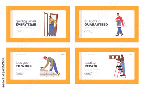 Home Repair Landing Page Template Set. People Install Door, Window, Tiling Wall, Hanging Shelf and Laying Brick