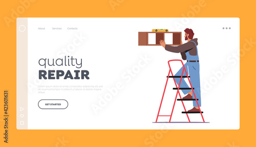 Furniture Assembly Service, Quality Repair Landing Page Template. Carpenter Worker with Level Tool Hanging Shelf on Wall