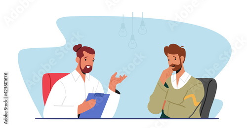 Business Meeting. Couple of Office Workers or Business Partners Characters Sitting at Table in Office with Documents