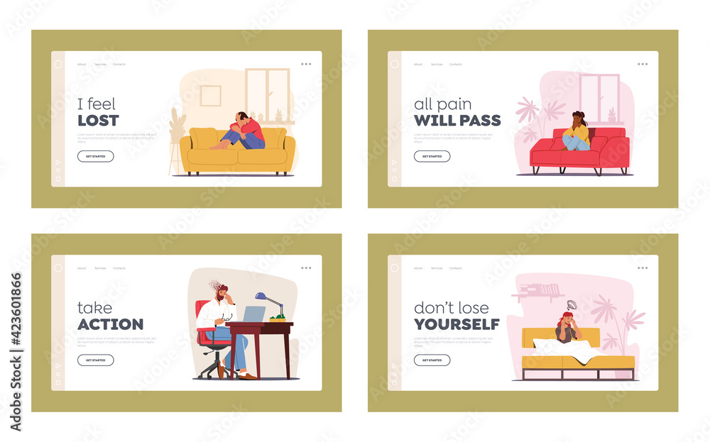 Characters with Depression and Migraine Landing Page Template Set. Depressed People with Bewildered Thoughts in Mind