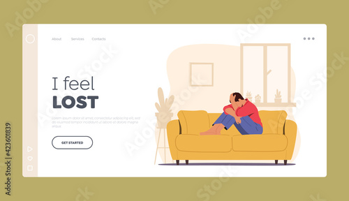 Despair, Frustration, Life Problems Landing Page Template. Young Depressed Desperate Man Character Sitting on Couch