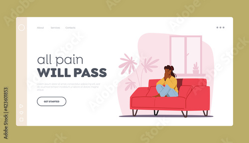 Depression, Headache Migraine, Abuse or Frustration Landing Page Template. Young Depressed Upset Female Character