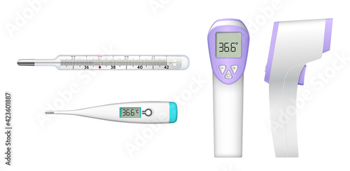 Set of realistic thermometers: classic mercury, electronic and contactless infrared thermometers