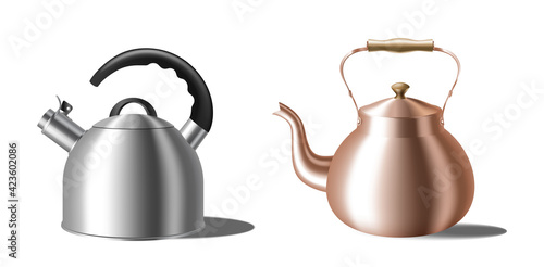 Realistic teapots set. Whistling kettle and retro copper teakettle for boiling water on stove