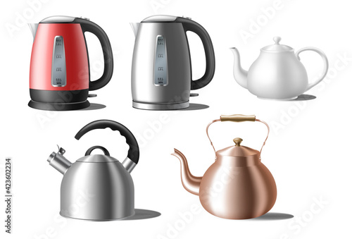 Kettles set. Modern and classic teapots: electric teakettles and tea pots for gas stove