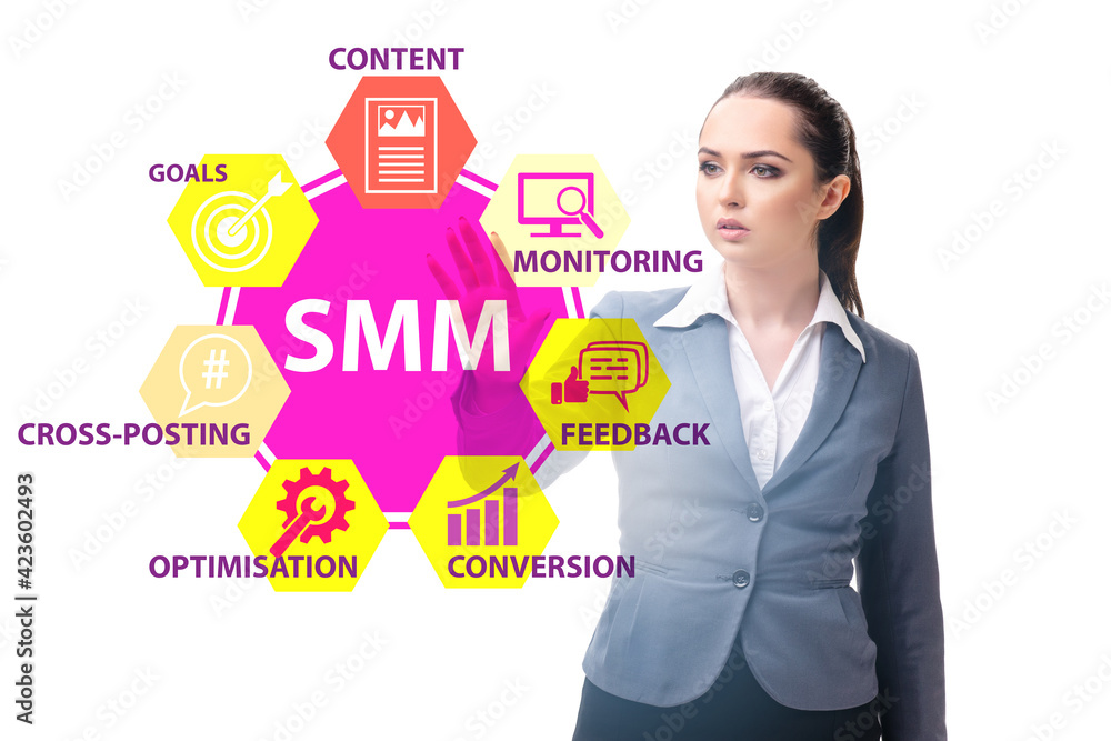 Businesswoman pressing button in SMM concept Businesswoman pressing button in SMM concept