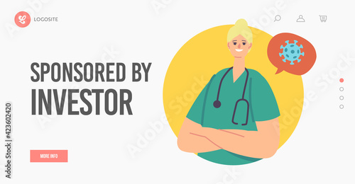 Sponsored by Investor Landing Page Template. Medical Staff Stand with Crossed Arms, Donation and Help in Finance Issues