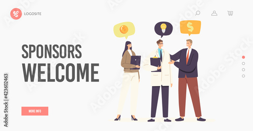 Medicine Sponsorship Landing Page Template. Sponsors Business Characters Visit Hospital Meet with Doctor Offer Support