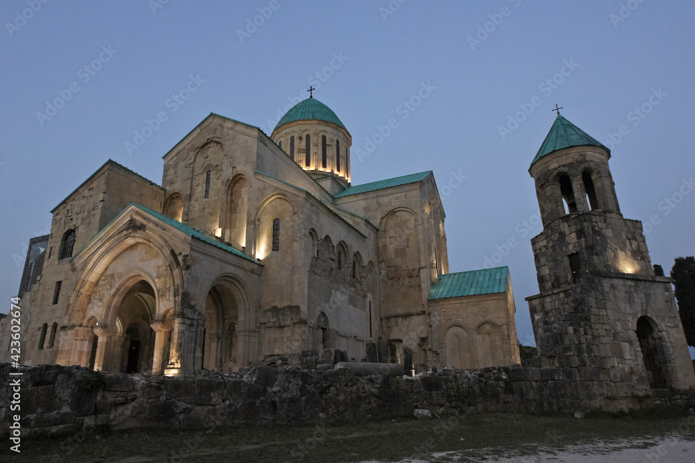 Bagarati (Bagrat, Bagrati's) Cathedral lighted at dusk, Kutaisi, Georgia,