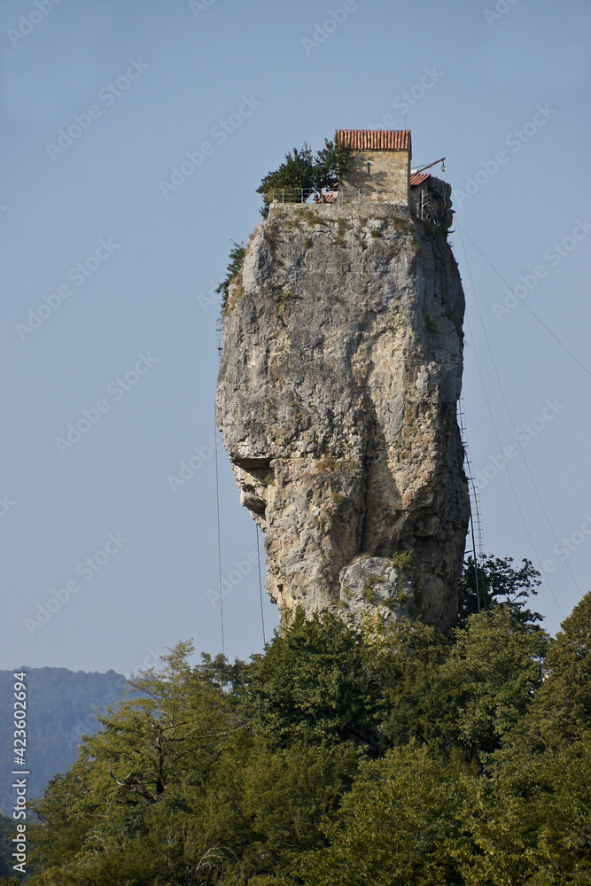 Katskhi Pillar, a limestone monolith with a small church on top, Katskhi, Caucasus, Georgia