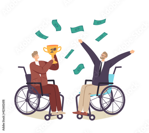 Happy Businessmen Characters on Wheelchair Celebrate Success or Victory Holding Gold Goblet with Money Rain Falling