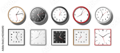 Set of realistic clocks and watches for office. Wall clocks round and square quartz clockwises