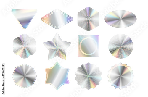 Set of holographic stickers mockups. Hologram labels of different geometric shapes