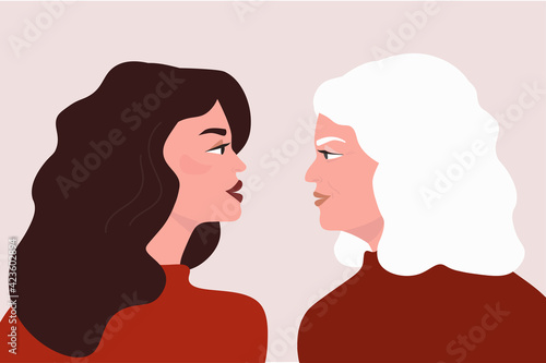 Portrait in profile of two women, young and old, mother and daughter. Female look into the eyes opposite. The concept of different ages, motherhood, life and time. Vector graphics.