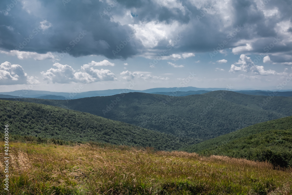 Panorama of mountain peaks on a cloudy, windy day, Bieszczady Mountains, Poland Panorama of mountain peaks on a cloudy, windy day, Bieszczady Mountains, Poland