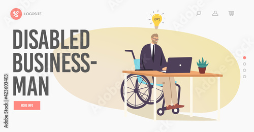 Physical Disability, Handicapped Work Employment Landing Page Template. Disabled Businessman Character on Wheelchair