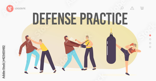 Women Self Defense Practice Landing Page Template. Female Characters Training with Coach against Robber Attack