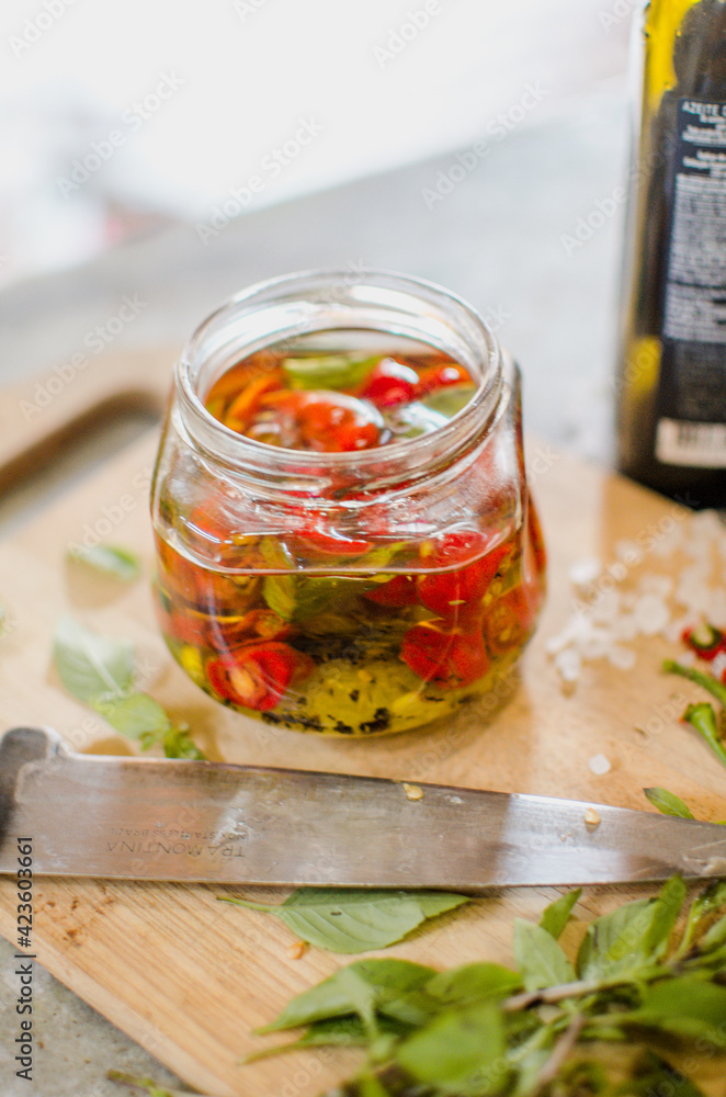 Pepper sauce on wooden board and many ingredients Pepper sauce on wooden board and many ingredients