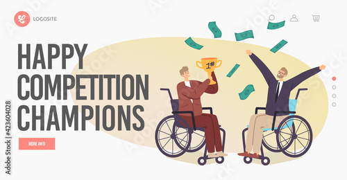 Successful Handicapped People Landing Page Template. Happy Businessmen Characters on Wheelchair Celebrate Success
