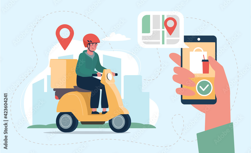 Food delivery service concept and online order tracking app, home delivery. Electric moped courier. Vector illustration in flat style Food delivery service concept and online order tracking app, home delivery. Electric moped courier. Vector illustration in flat style