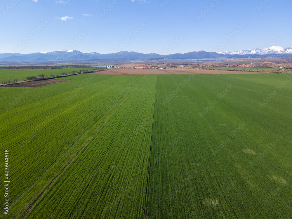 Obraz premium Aerial Spring view of Rural Land near town of Hisarya, Bulgaria