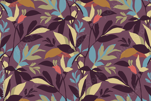 Vector floral seamless pattern. Colorful leaves isolated on a purple background.