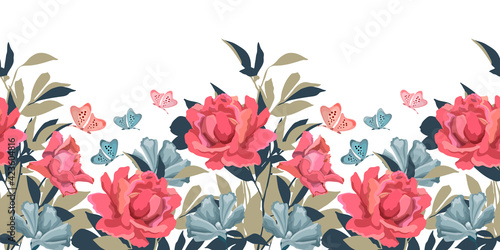 Vector floral seamless pattern, border. Roses, mallows, twigs with leaves, butterflies. Floral elements isolated on a white background.