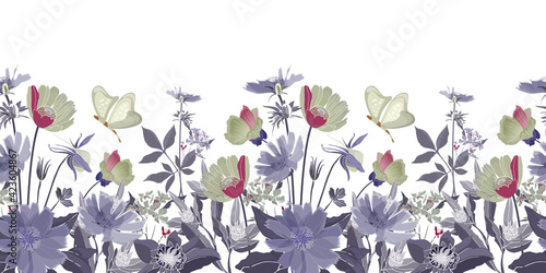 Vector floral seamless border. Summer flowers, blue leaves. Chicory, mallow, gaillardia, marigold, oxeye daisy. Grey, blue, maroon, olive color flowers, butterflies isolated on a white background.