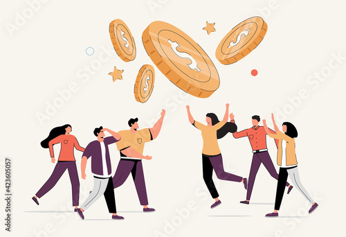 Greedy people chasing for big money. Cash race concept. Competitors striving for richness and wealth. Characters running