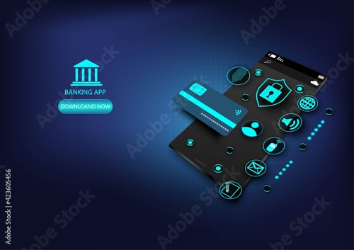 Technology with  Smartphone digital logo.Abstract cyber security and fingerprints blue light. Mobile app,innovation,digital technology, program developers,Vector modern technology and digital concept.