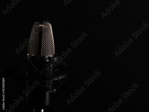 Microphone on a black background, singing and vocals, black background with space for an inscription or advertising