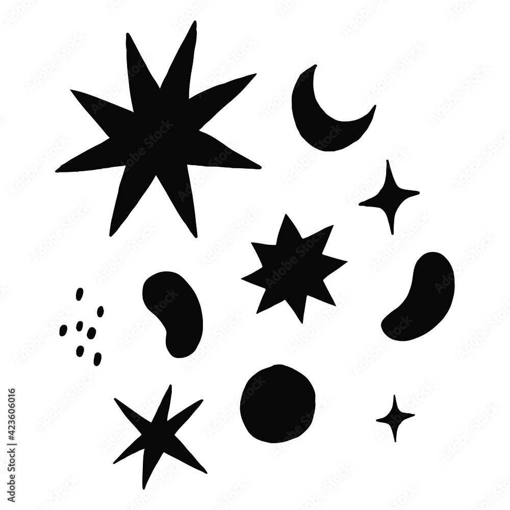 childish vector illustration and brush. the complement element for creative design. set of uncolored illustrations isolated on white background.